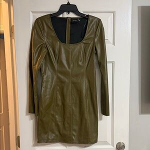 Vero Moda Olive Green Faux Leather Long Sleeve Dress